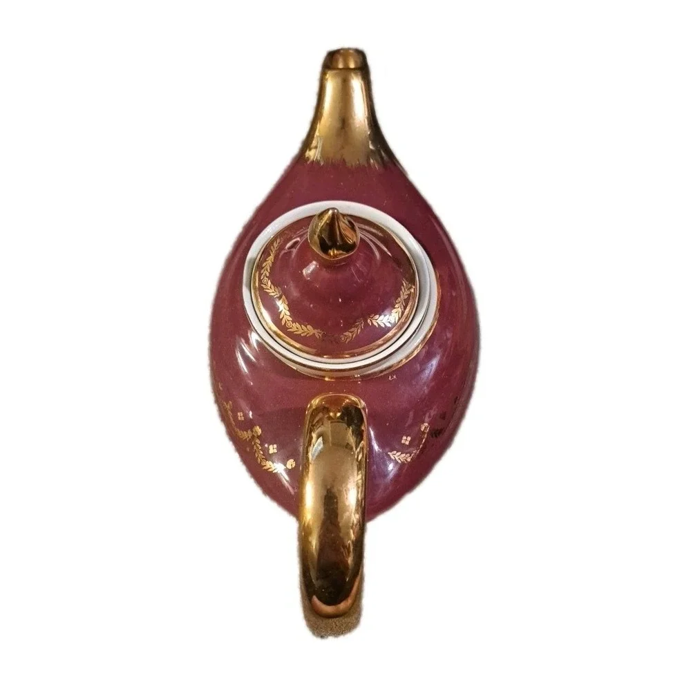 Vtg Hall Aladdin Teapot Gold Swag Maroon/Gold W/tea Strainer 6 Cup  Made USA